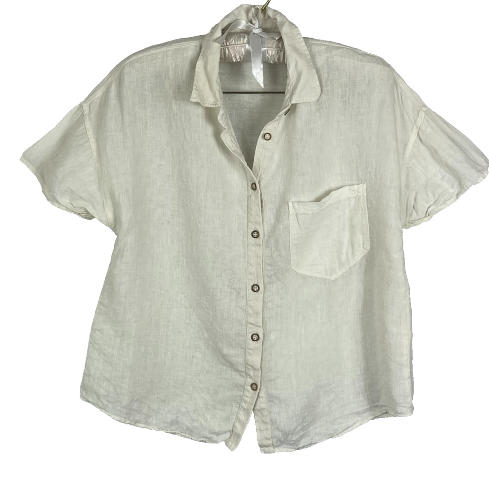 Zara Women's Medium White Linen Button Up Pocket Short Sleeve Cropped Blouse